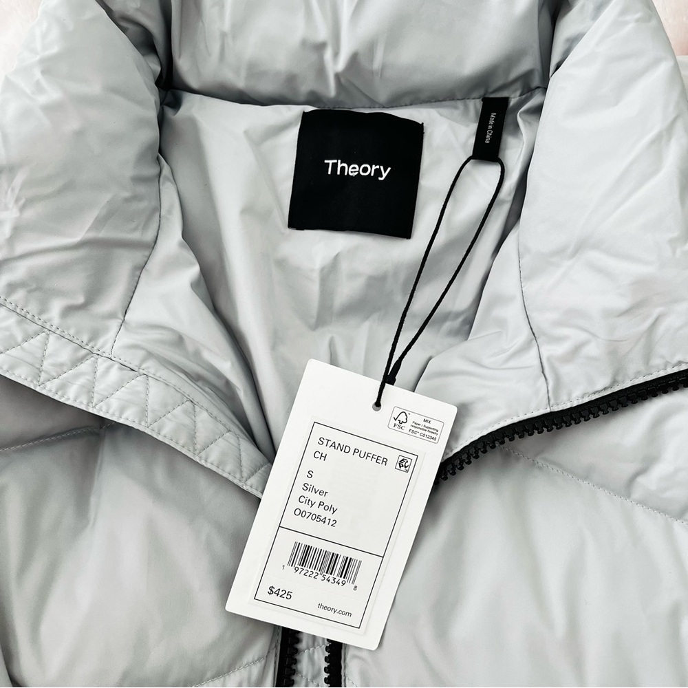 NWT Theory Stand Collar Puffer Down Jacket Silver Grey Down Size S - Picture 5 of 8